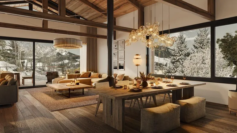 Geräumiger offener Wohn- und Essbereich mit Holzbalken, Kamin und Panoramablick auf die verschneite Berglandschaft.