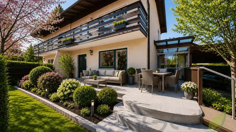Großzügige Terrasse mit Gartenmöbeln und gepflegter Bepflanzung vor dem Haus.