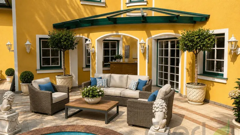Große Sonnenterrasse mit bequemen Gartenmöbeln, einem kleinen Pool und einer leuchtend gelben Fassade.