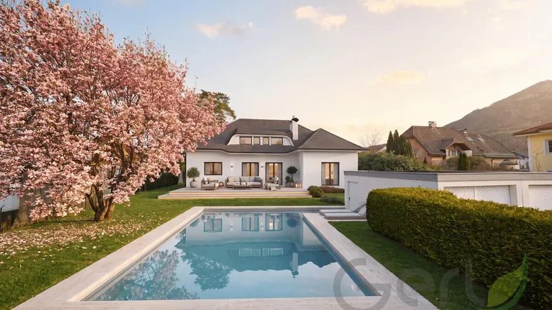 Modernes Haus mit großem Garten, Pool und blühendem Baum, umgeben von Bergen und einer Terrasse.