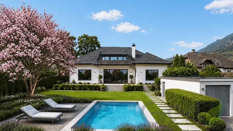 Moderne Villa mit großem Garten, privatem Pool und blühendem Baum vor Bergkulisse.