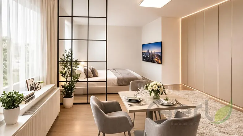 Modernes Studio-Apartment mit offenem Wohn-Essbereich, Schlafbereich hinter Glaswand und integrierten Schränken.