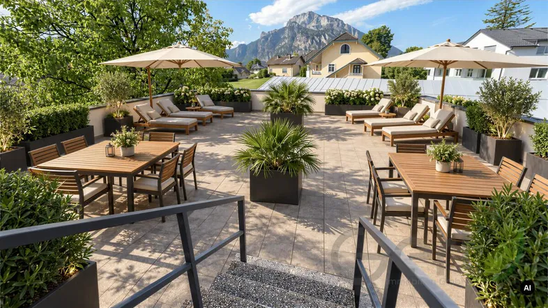 Große Dachterrasse mit Essbereichen, Sonnenliegen und herrlichem Bergblick unter blauem Himmel.