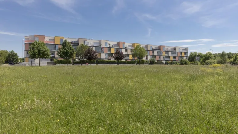Modernes Wohngebäude mit farbigen Fassadenelementen und weitem Blick über eine grüne Wiese.