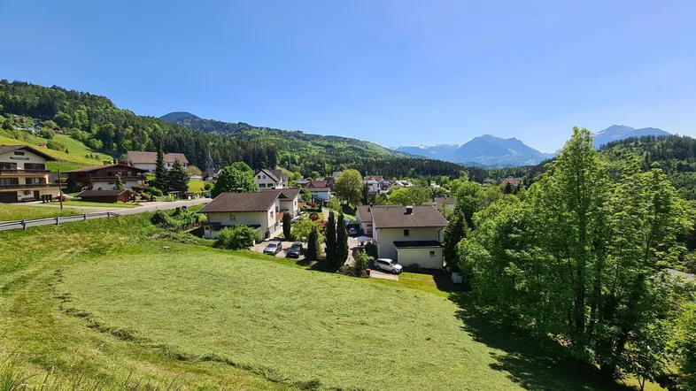 Panoramablick über eine ländliche Wohnsiedlung mit grünen Wiesen und Bergen im Hintergrund unter blauem Himmel.
