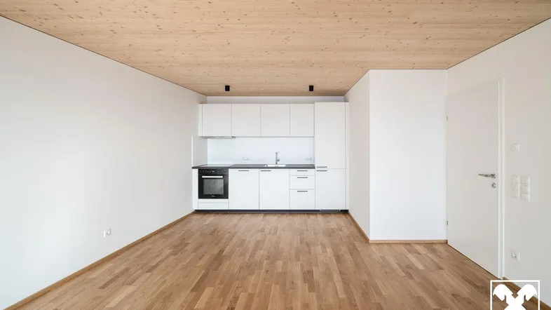 Moderne, offene Küche mit weißen Schränken, Holzboden und Holzdecke in einem hellen Raum.