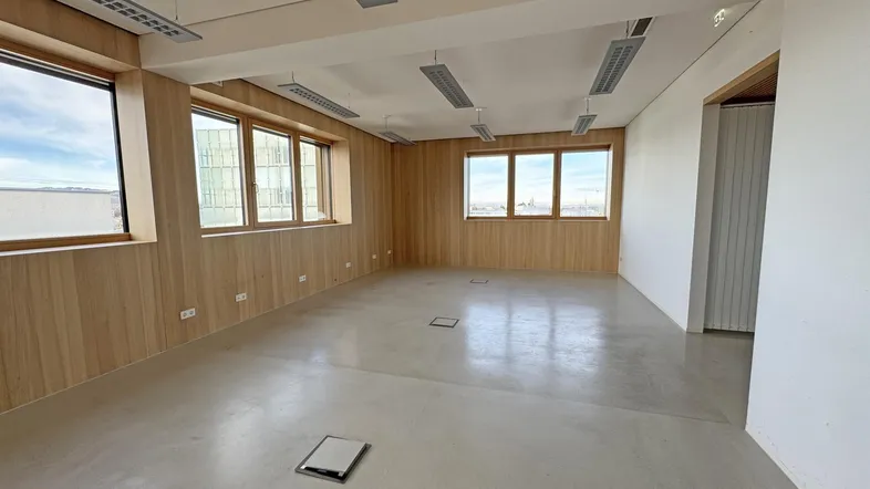 Heller und moderner Büroraum mit Holzwänden, Betonboden und Blick auf die umliegende Landschaft.