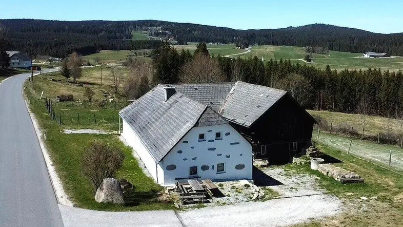 Luftaufnahme eines traditionellen Hauses mit angrenzendem Scheunengebäude in ländlicher Umgebung mit viel Grün.