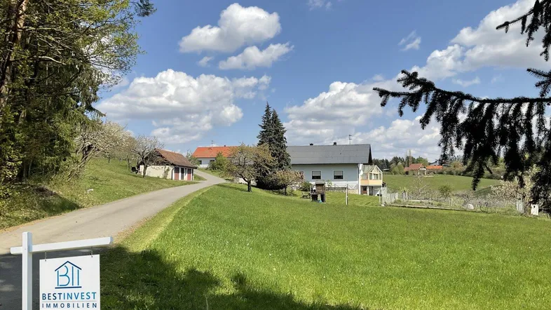 Ländliches Anwesen umgeben von grünen Wiesen und Bäumen unter blauem Himmel.
