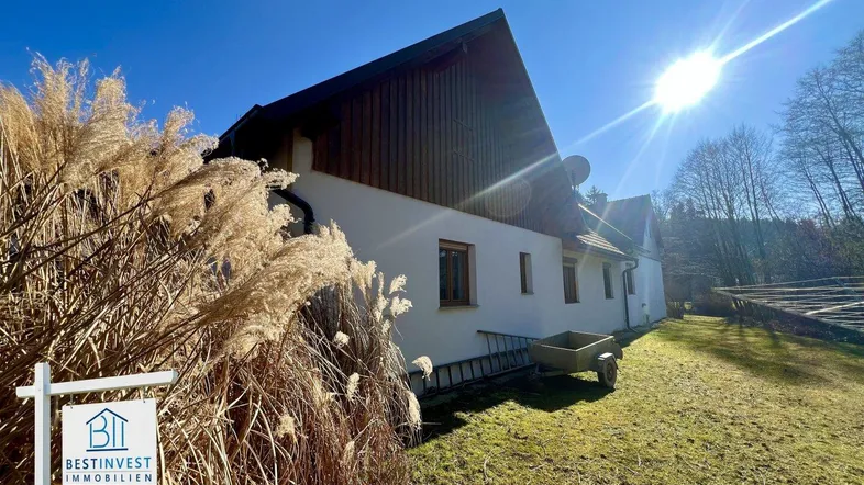 Sonnige Ansicht des Hauses von der Seite mit Garten und hohen Gräsern im Vordergrund.