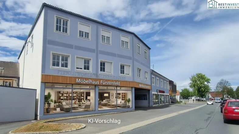 Modernes Geschäftsgebäude mit blauer Fassade und großen Schaufenstern, teilweise als KI-Vorschlag dargestellt.