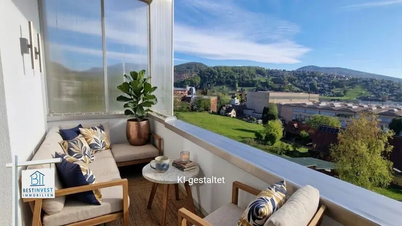 Möblierter Balkon mit gemütlicher Sitzecke und weitem Blick über die grüne Hügellandschaft und Umgebung.