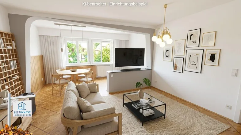 Helles, virtuell eingerichtetes Wohn- und Esszimmer mit Parkettboden und modernen Möbeln.