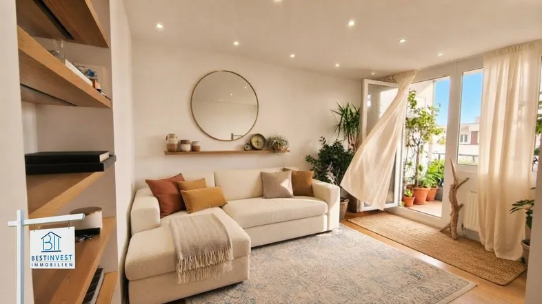 Helles Wohnzimmer mit beigem Sofa, Holzregalen und Zugang zu einem bepflanzten Balkon.