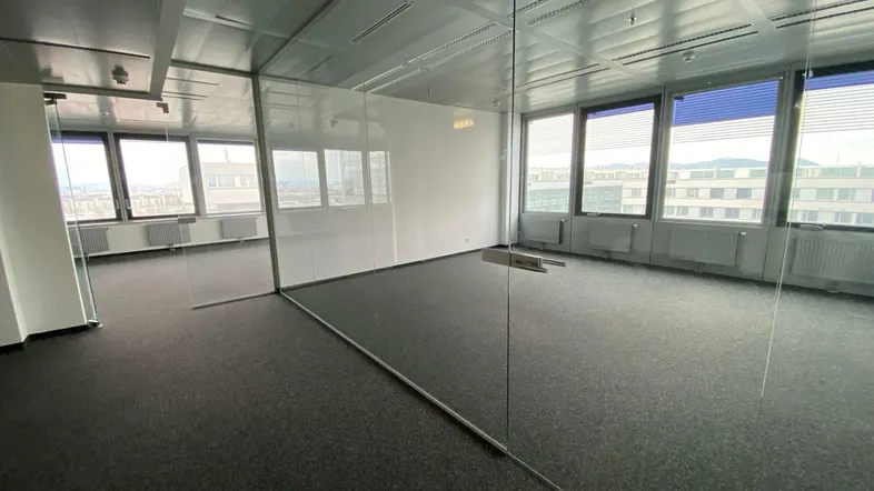 Geräumiges, leeres Büro mit Teppichboden, Glaswänden und großen Fenstern, die viel Tageslicht hereinlassen.