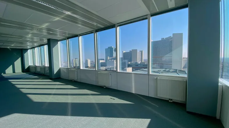 Heller Büroraum mit Teppichboden und großen Fenstern, die einen weiten Stadtblick bieten.