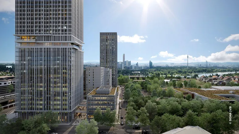 Visualisierung einer modernen Stadtlandschaft mit Hochhäusern und viel Grünfläche unter strahlendem Himmel.
