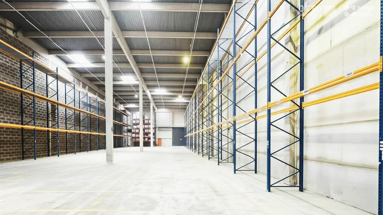 Geräumige Lagerhalle mit hohen Decken, Betonboden und leeren Hochregalen, bereit zur Nutzung.