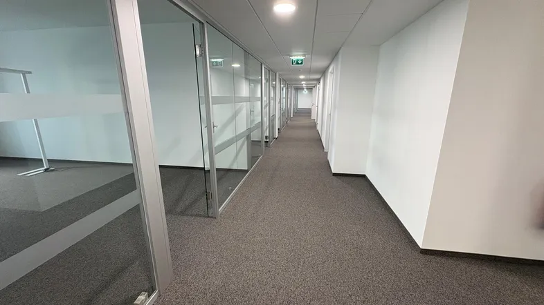 Langer Bürogang mit Teppichboden und Glaswänden, die zu den einzelnen Büros führen.