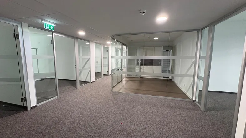 Modernes Büro mit Teppichboden und Glaswänden, die separate Arbeitsbereiche schaffen und viel Licht hereinlassen.
