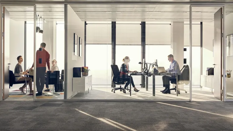 Modernes Büro mit Glaswänden, Teppichboden und viel Tageslicht, wo Mitarbeiter in offenen und geschlossenen Bereichen arbeiten.