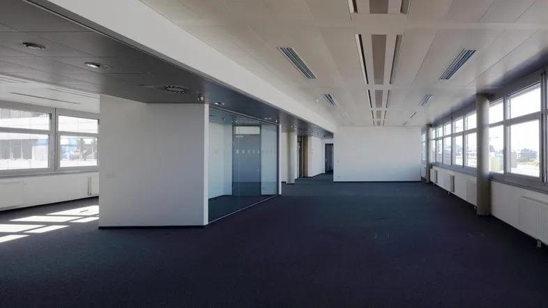 Geräumiger, leerer Büroraum mit dunklem Teppichboden, großen Fenstern und moderner Deckenbeleuchtung.