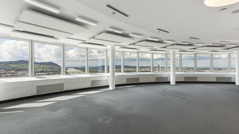 Geräumiges, leeres Büro mit Teppichboden und großen Fenstern, die eine weite Aussicht bieten.