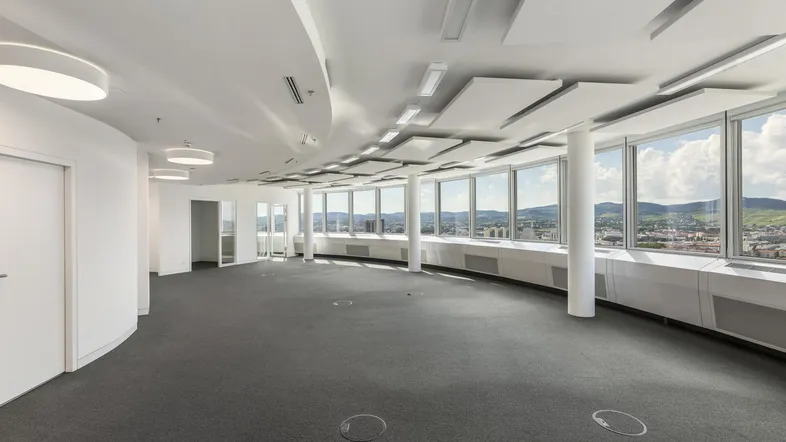 Geräumiges, leeres Büro mit Teppichboden und großen Fenstern, die eine weite Aussicht bieten.