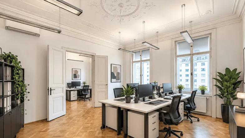 Geräumiges Büro mit Fischgrätparkett, Stuckdecke und großen Fenstern, virtuell möbliert.