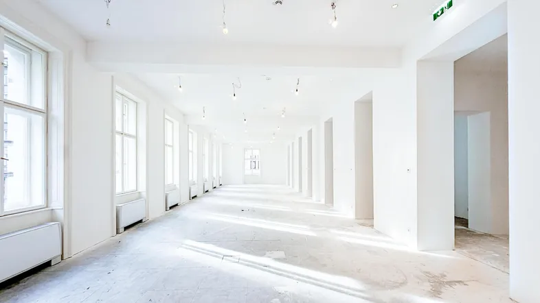 Großer, heller Raum mit vielen Fenstern und hohen Decken, bereit für den Ausbau und die individuelle Gestaltung.