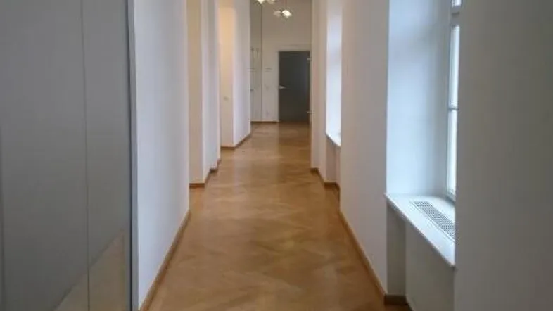 Langer Flur mit hellem Fischgrätparkett, weißen Wänden und Fenstern, die natürliches Licht hereinlassen.