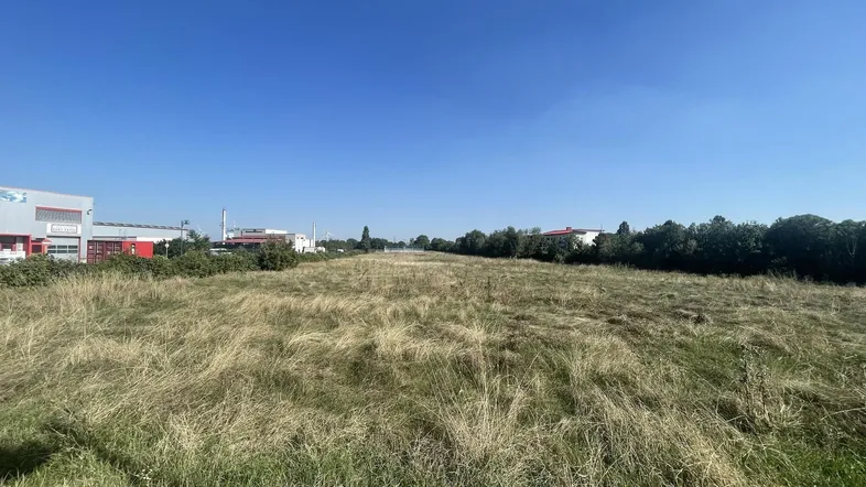 Weitläufiges Grundstück mit Grasfläche und Blick auf umliegende Gebäude unter klarem Himmel.