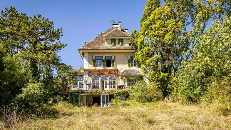 Historische Villa umgeben von üppigem Grün und hohen Bäumen, mit charmanten Fensterläden.