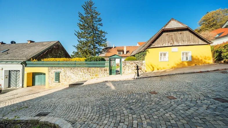 Historisches gelbes Haus an einer gepflasterten Straße mit traditioneller Architektur und grüner Umgebung.