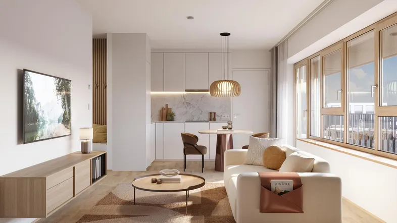 Modernes, offenes Wohn-Esszimmer mit integrierter Küche, Holzboden und großen Fenstern.