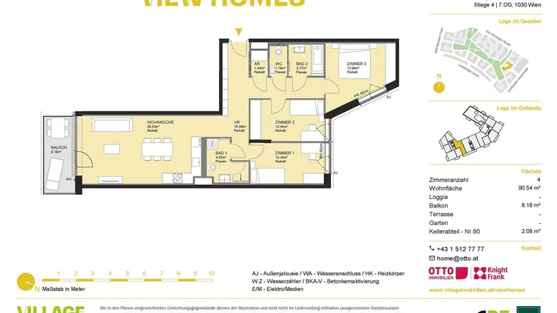 Detaillierter Grundriss der Wohnung Top Nr. 47 mit Balkon und drei Zimmern.