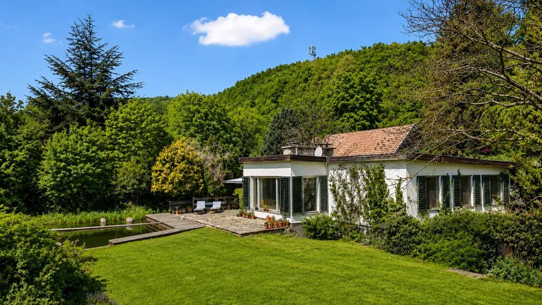Großzügiger Gartenbereich mit weitläufiger Rasenfläche, Teich und Holzdeck vor dem Haus.