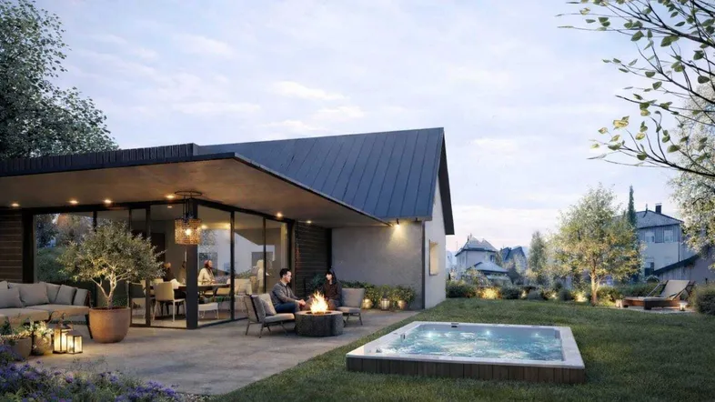 Moderne Terrasse mit Feuerstelle, Whirlpool und Sitzgelegenheiten im Gartenbereich.