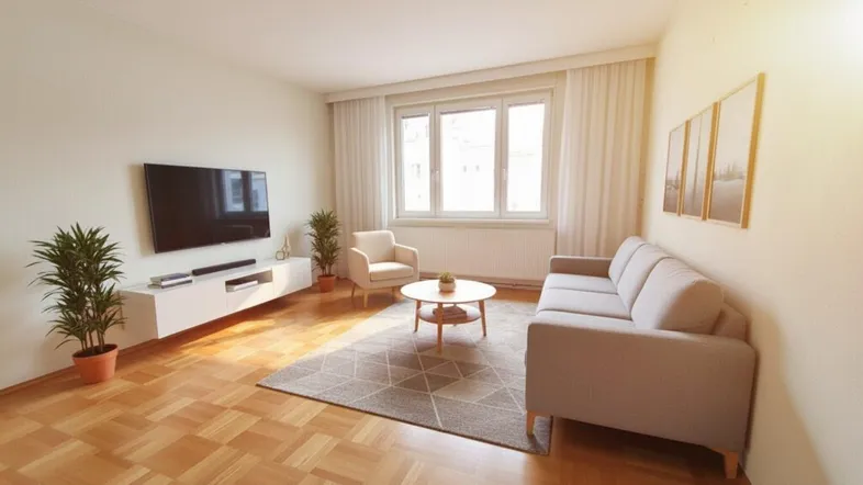 Helles Wohnzimmer mit modernem Sofa, Fernseher und Parkettboden, ideal für entspannte Abende.