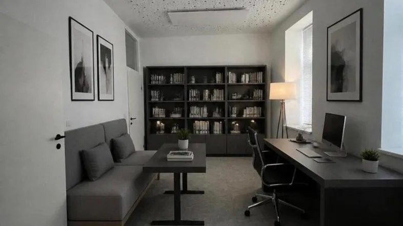 Modernes Büro mit Schreibtisch, Sofa und Bücherregal, ausgestattet mit einer Lochdecke und viel Tageslicht.