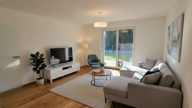 Helles Wohnzimmer mit modernem Sofa, Holzboden und Zugang zu einem Außenbereich.