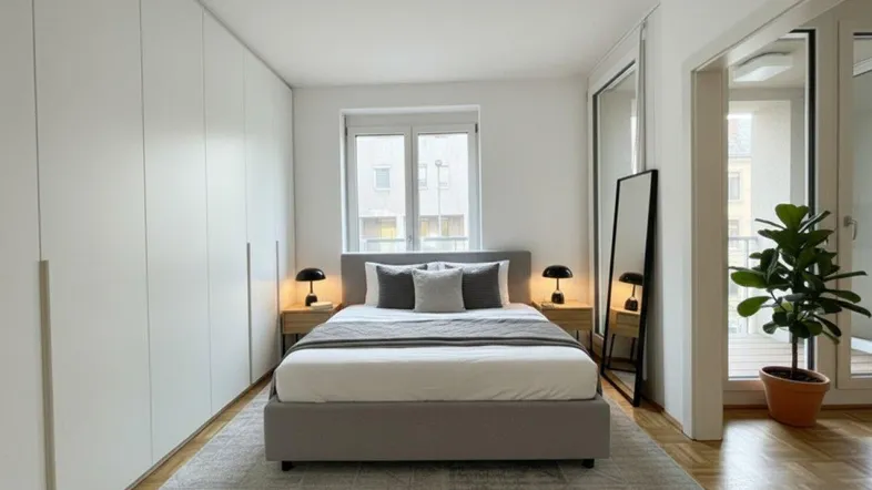 Helles Schlafzimmer mit modernem Bett, Einbauschränken und Parkettboden, bietet direkten Zugang zum Balkon.