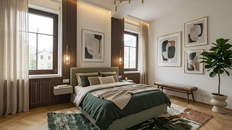 Modernes Schlafzimmer mit grünem Bett, Parkettboden und stilvoller Dekoration, hell und einladend.
