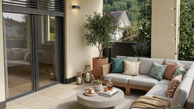 Gemütliche Terrasse mit Loungemöbeln, Pflanzen und Lichterkette, umgeben von Grün.