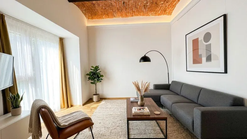 Helles Wohnzimmer mit freigelegter Ziegelgewölbedecke, modernen Möbeln und großen Fenstern.
