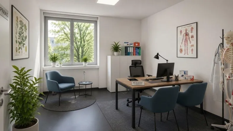 Heller Praxisraum mit Schreibtisch, Sitzgelegenheiten und großem Fenster mit Blick ins Grüne.
