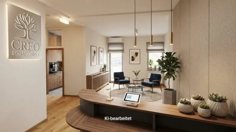 Moderner Empfangsbereich mit Holztheke, Wartezone und Blick auf eine Teeküche.