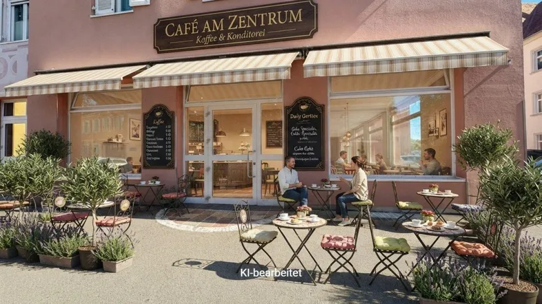 Einladendes Café mit Außenterrasse und Markisen, perfekt für eine Kaffeepause im Zentrum der Stadt.