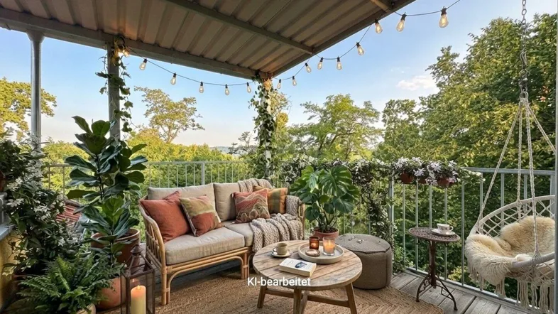 Gemütlicher Balkon mit bequemen Sitzmöbeln, vielen Pflanzen und Lichterkette, ideal zum Entspannen.