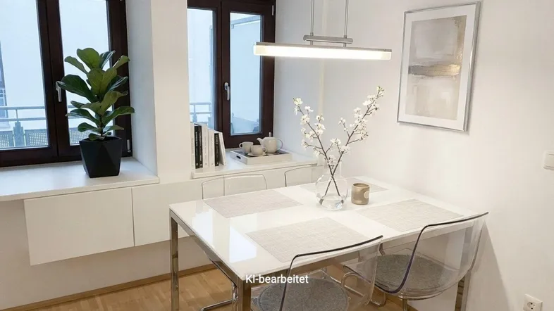Helles Esszimmer mit modernem Tisch, transparenten Stühlen und Holzboden, ideal für Mahlzeiten.